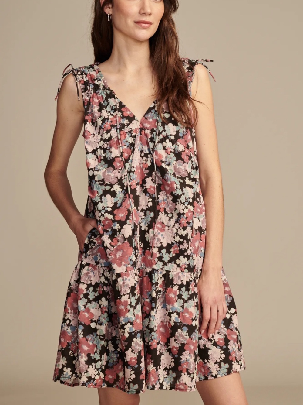Lucky Brand, Floral V-Neck Tie-Shoulder Sundress in Black and Pink